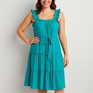 Luxology Tiered Maxi Dress Sz M Teal Ruffle Prairie Boho Resort Vacation NWOT